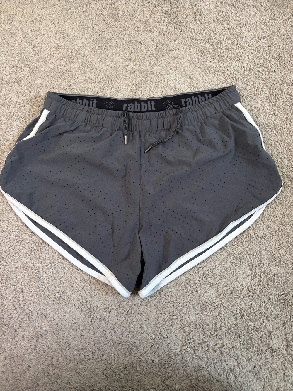 Rabbit Running Shorts Pocket Gray White Trim Drawstring Elastic Women’s Large